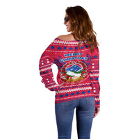 Nepal Christmas Off Shoulder Sweater with Red-Blue Design, National Emblem, and Snowflake Motif - Wonder Print Shop