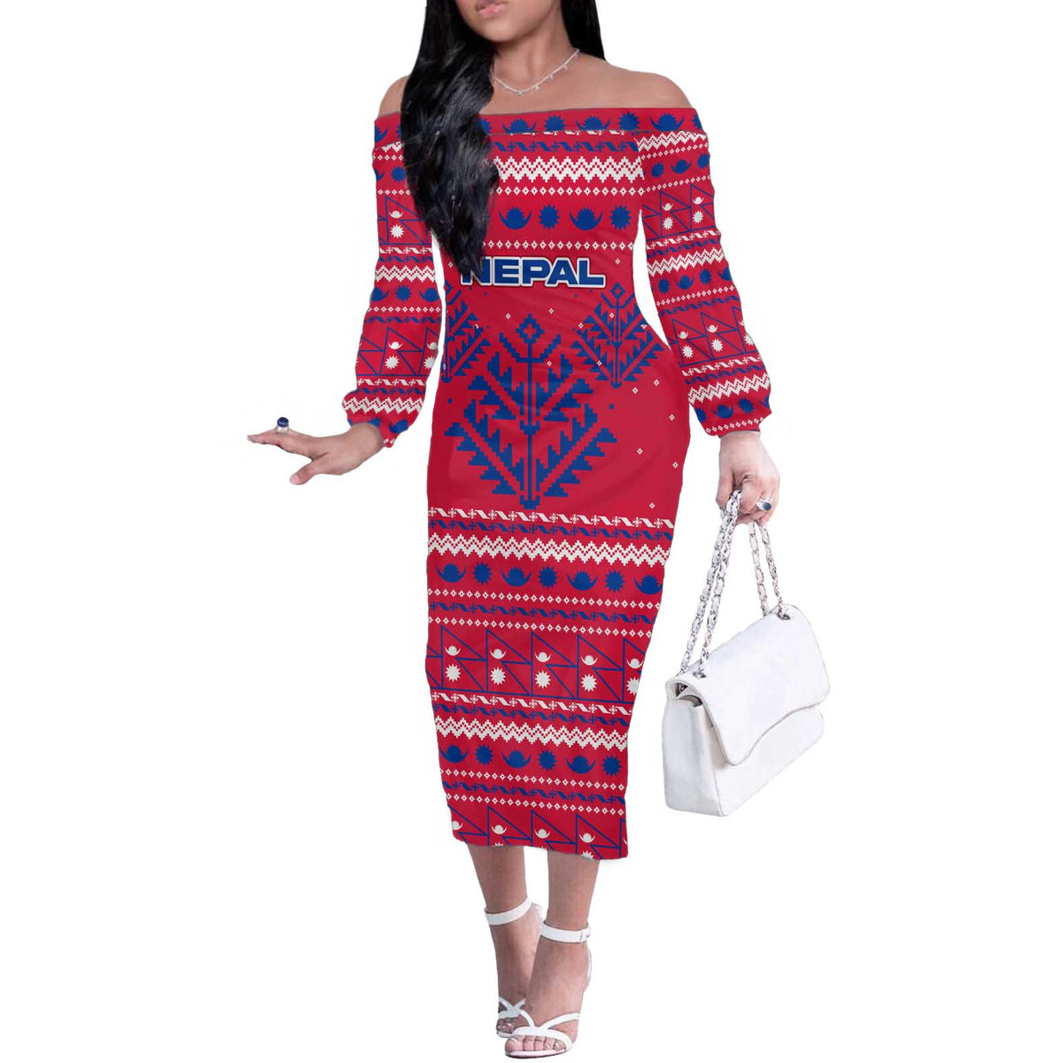 Nepal Christmas Off The Shoulder Long Sleeve Dress with Red-Blue Design, National Emblem, and Snowflake Motif - Wonder Print Shop