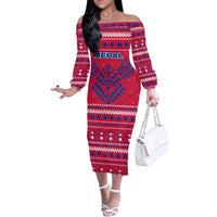 Nepal Christmas Off The Shoulder Long Sleeve Dress with Red-Blue Design, National Emblem, and Snowflake Motif - Wonder Print Shop