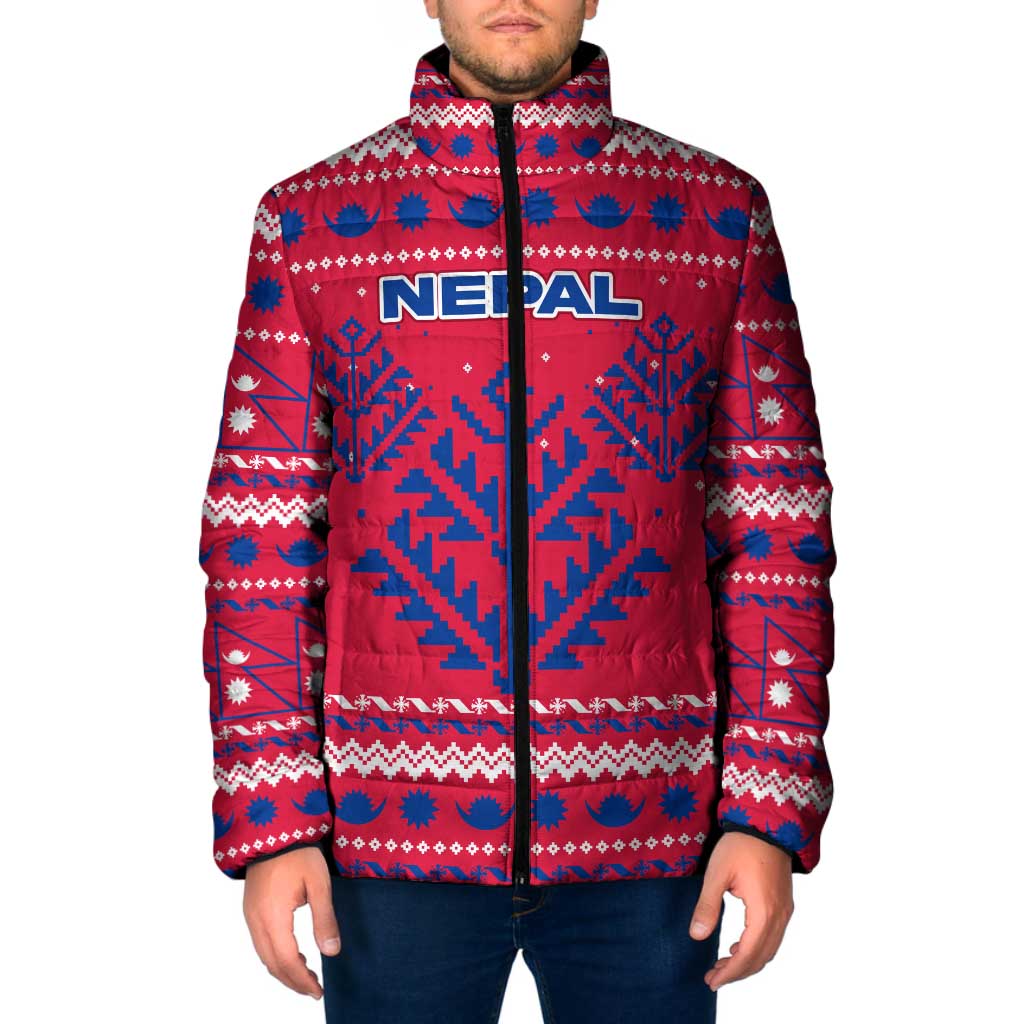 Nepal Christmas Padded Jacket with Red-Blue Design, National Emblem, and Snowflake Motif - Wonder Print Shop