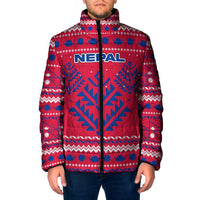 Nepal Christmas Padded Jacket with Red-Blue Design, National Emblem, and Snowflake Motif - Wonder Print Shop