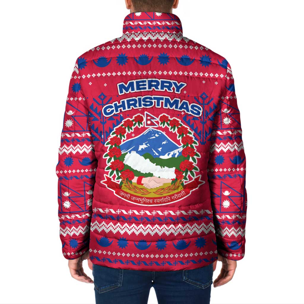 Nepal Christmas Padded Jacket with Red-Blue Design, National Emblem, and Snowflake Motif - Wonder Print Shop