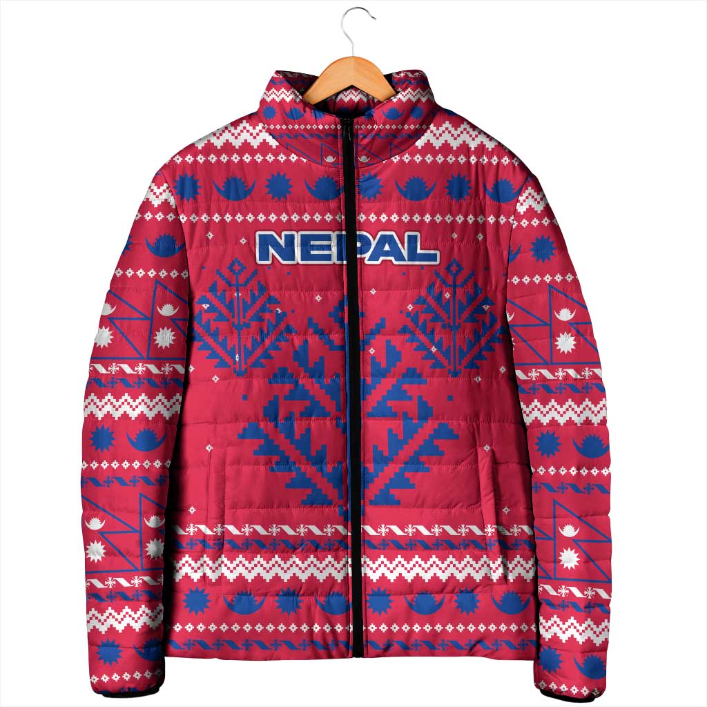 Nepal Christmas Padded Jacket with Red-Blue Design, National Emblem, and Snowflake Motif - Wonder Print Shop