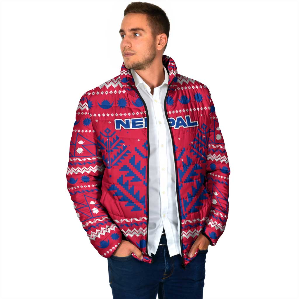 Nepal Christmas Padded Jacket with Red-Blue Design, National Emblem, and Snowflake Motif - Wonder Print Shop
