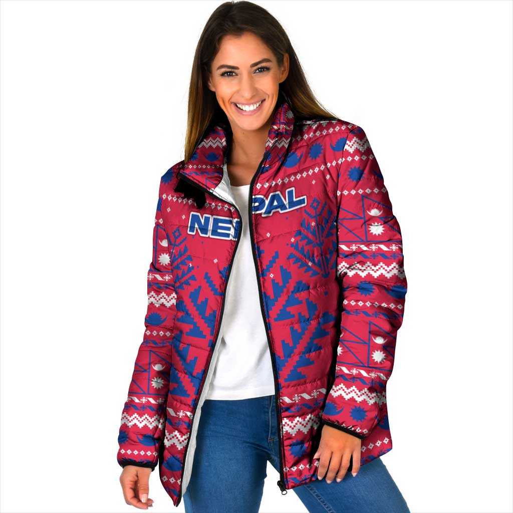 Nepal Christmas Padded Jacket with Red-Blue Design, National Emblem, and Snowflake Motif - Wonder Print Shop