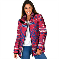 Nepal Christmas Padded Jacket with Red-Blue Design, National Emblem, and Snowflake Motif - Wonder Print Shop