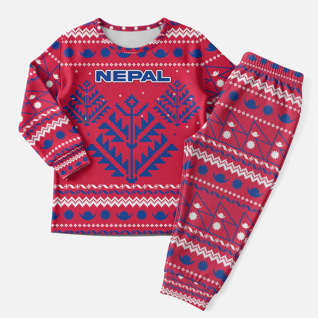 Nepal Christmas Pajama Set with Red-Blue Design, National Emblem, and Snowflake Motif - Wonder Print Shop