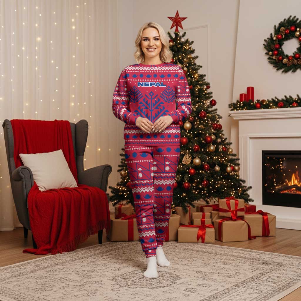 Nepal Christmas Pajama Set with Red-Blue Design, National Emblem, and Snowflake Motif - Wonder Print Shop