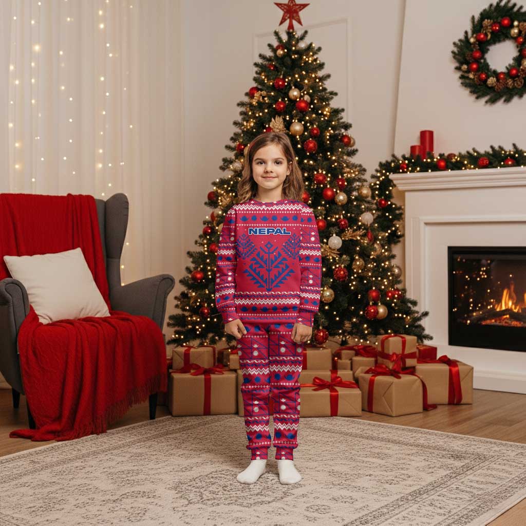 Nepal Christmas Pajama Set with Red-Blue Design, National Emblem, and Snowflake Motif - Wonder Print Shop
