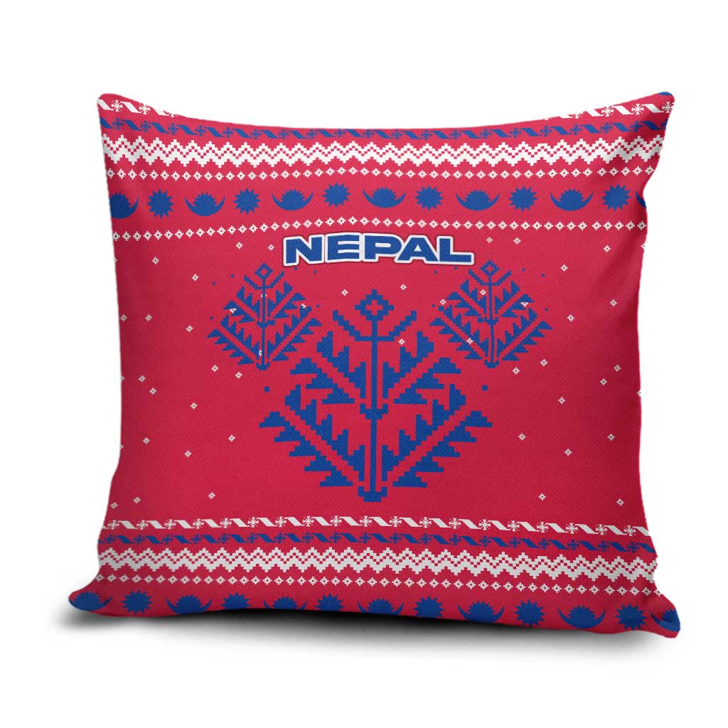 Nepal Christmas Pillow Cover with Red-Blue Design, National Emblem, and Snowflake Motif - Wonder Print Shop