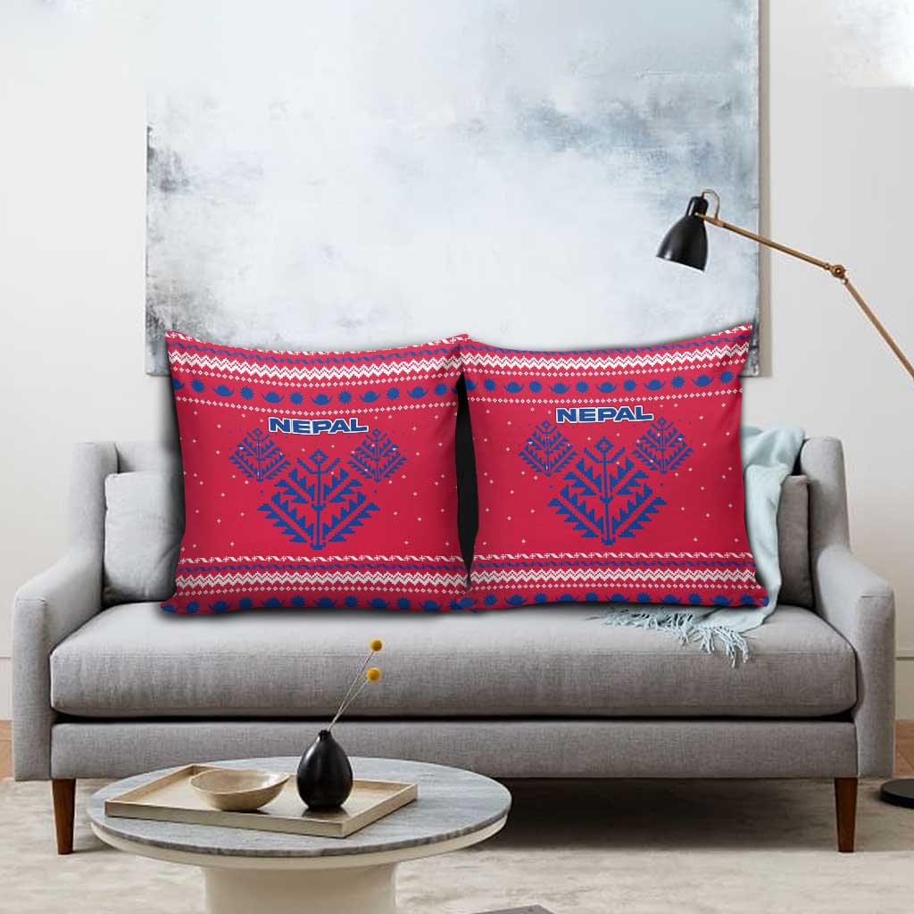 Nepal Christmas Pillow Cover with Red-Blue Design, National Emblem, and Snowflake Motif - Wonder Print Shop