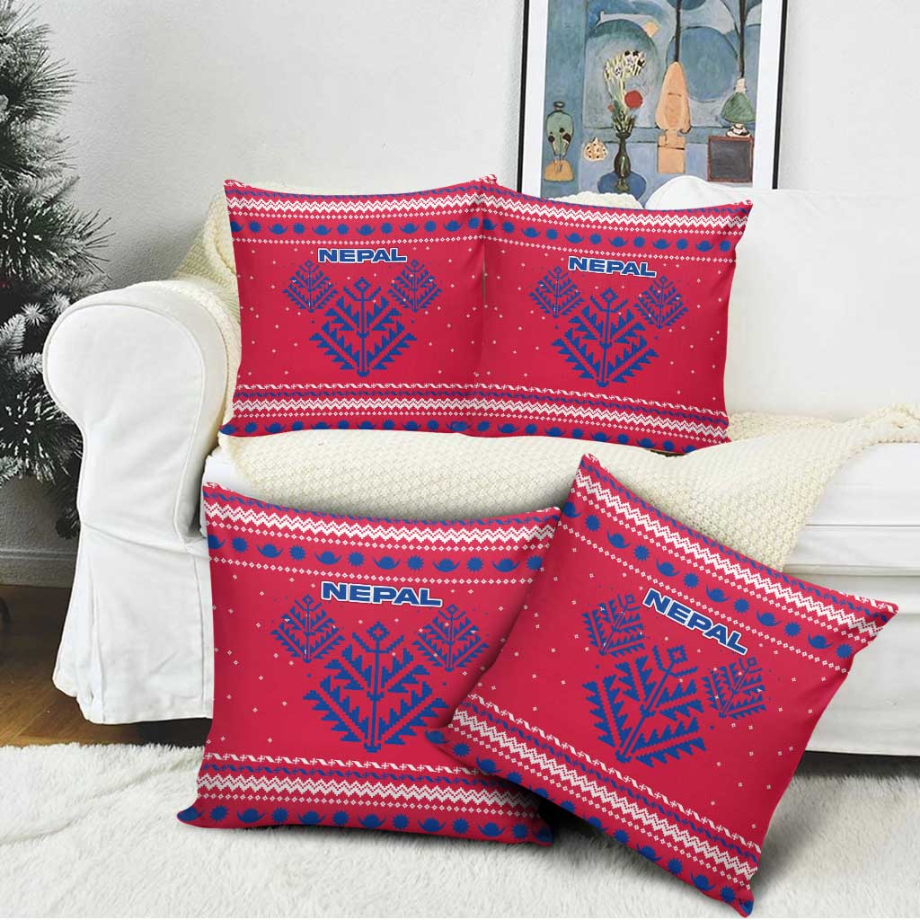 Nepal Christmas Pillow Cover with Red-Blue Design, National Emblem, and Snowflake Motif - Wonder Print Shop
