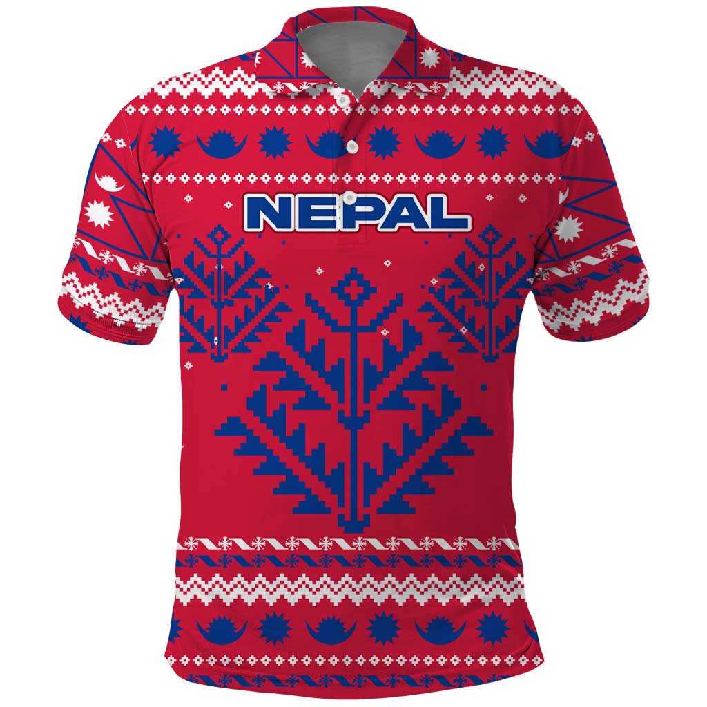 Nepal Christmas Polo Shirt with Red-Blue Design, National Emblem, and Snowflake Motif - Wonder Print Shop