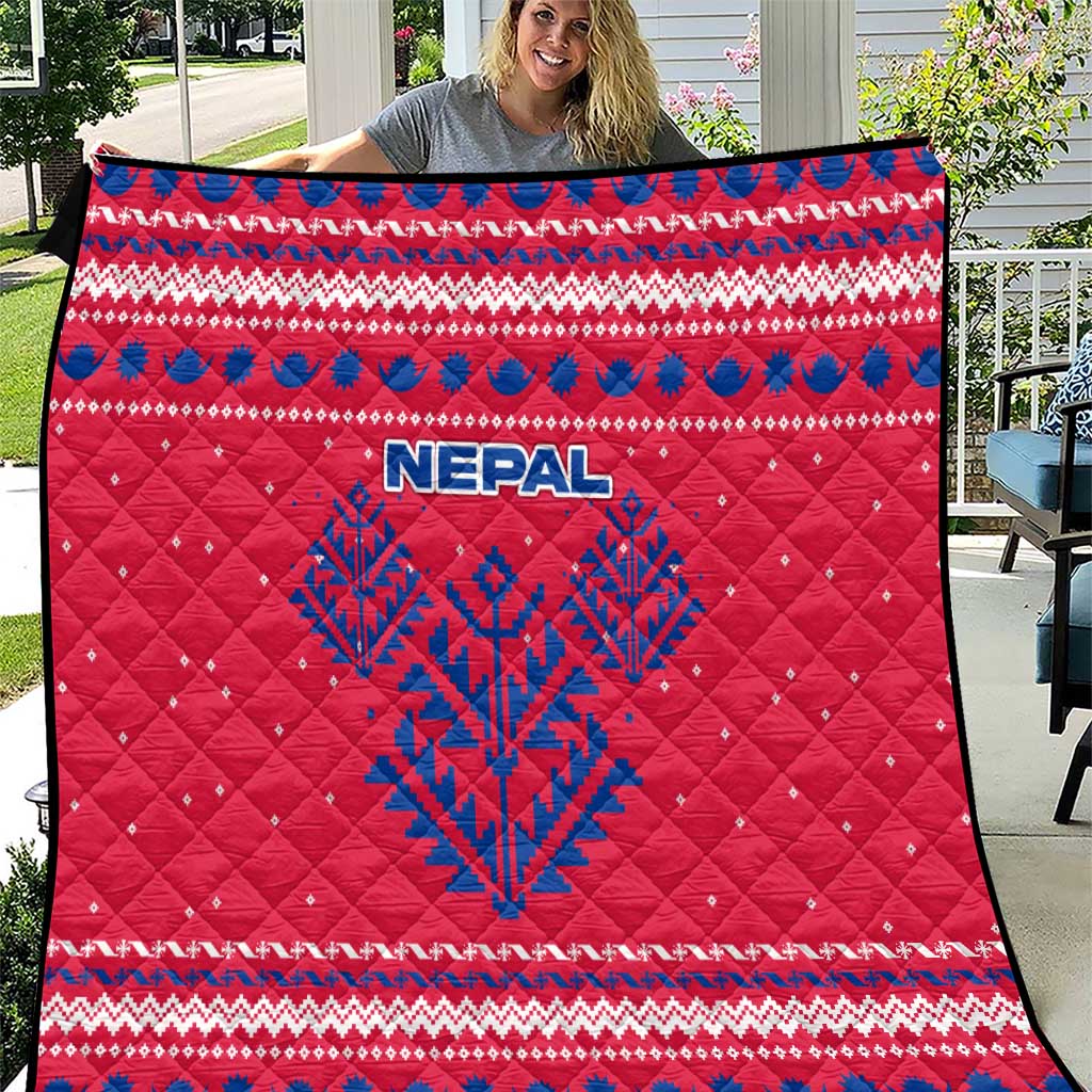 Nepal Christmas Quilt with Red-Blue Design, National Emblem, and Snowflake Motif - Wonder Print Shop