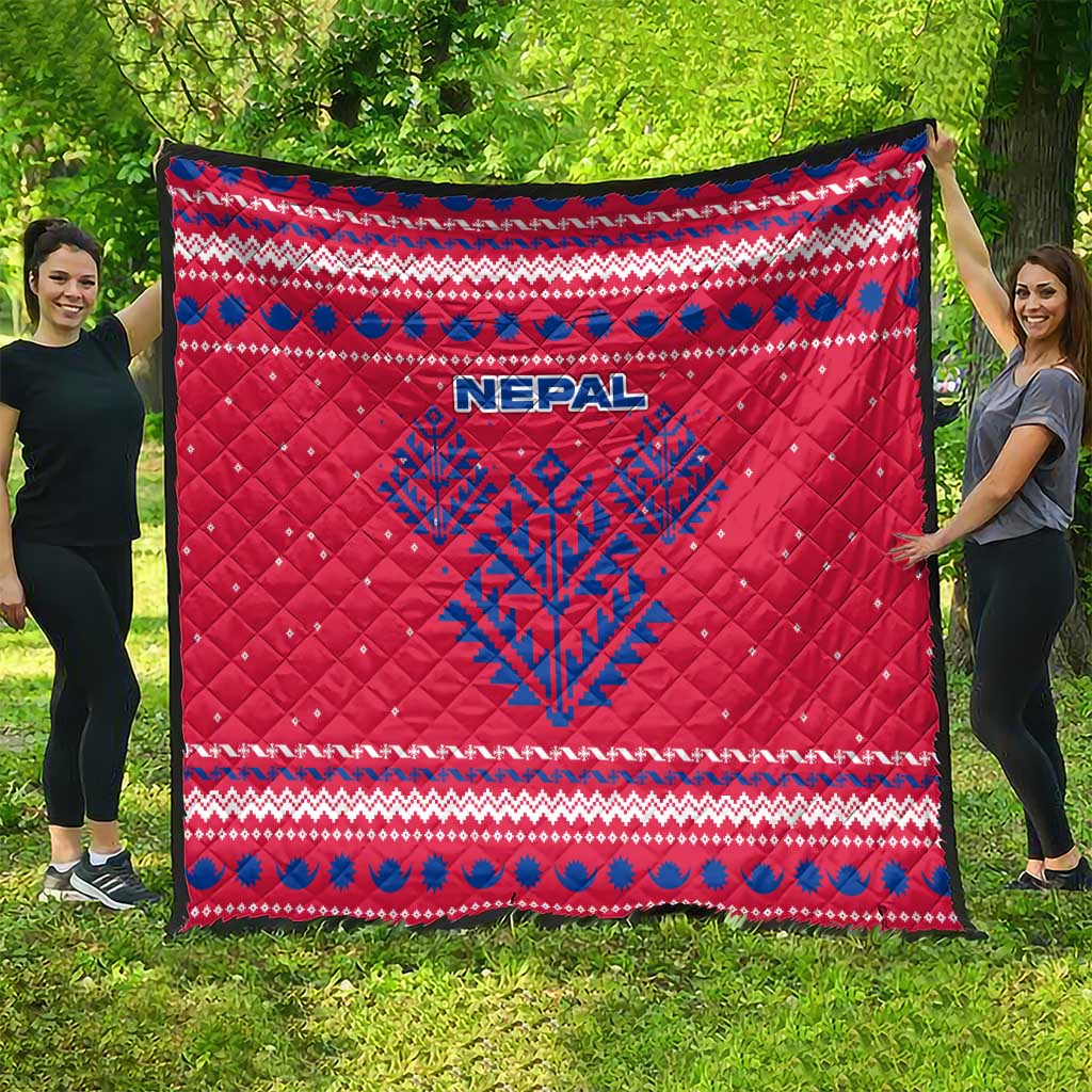Nepal Christmas Quilt with Red-Blue Design, National Emblem, and Snowflake Motif - Wonder Print Shop