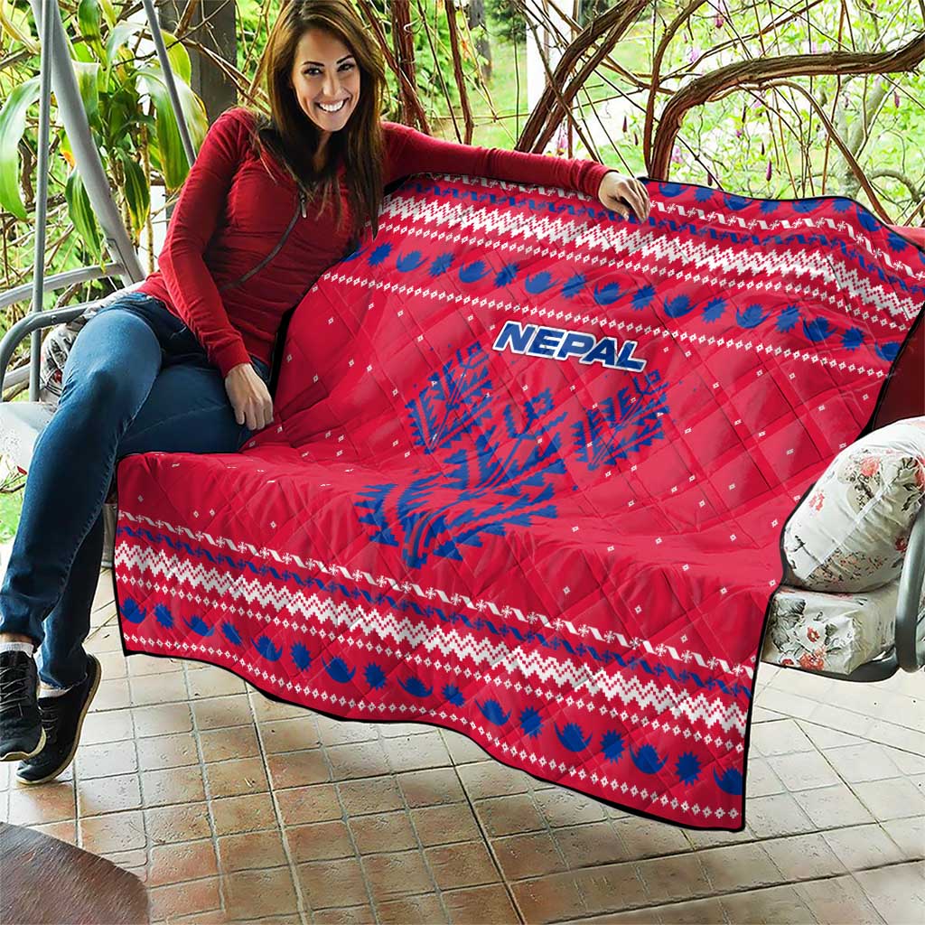 Nepal Christmas Quilt with Red-Blue Design, National Emblem, and Snowflake Motif - Wonder Print Shop