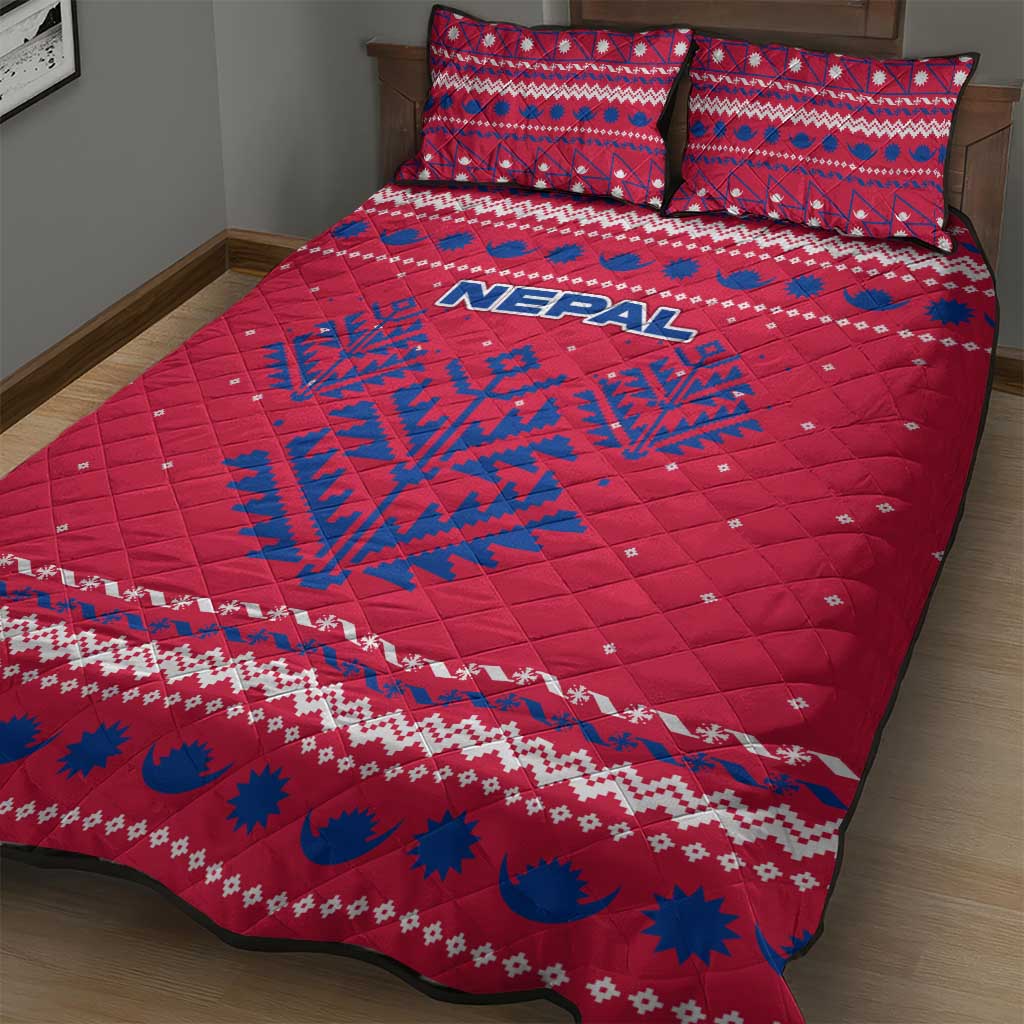 Nepal Christmas Quilt Bed Set with Red-Blue Design, National Emblem, and Snowflake Motif - Wonder Print Shop