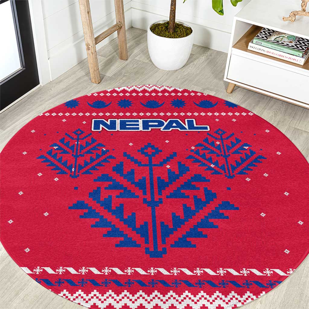 Nepal Christmas Round Carpet with Red-Blue Design, National Emblem, and Snowflake Motif - Wonder Print Shop