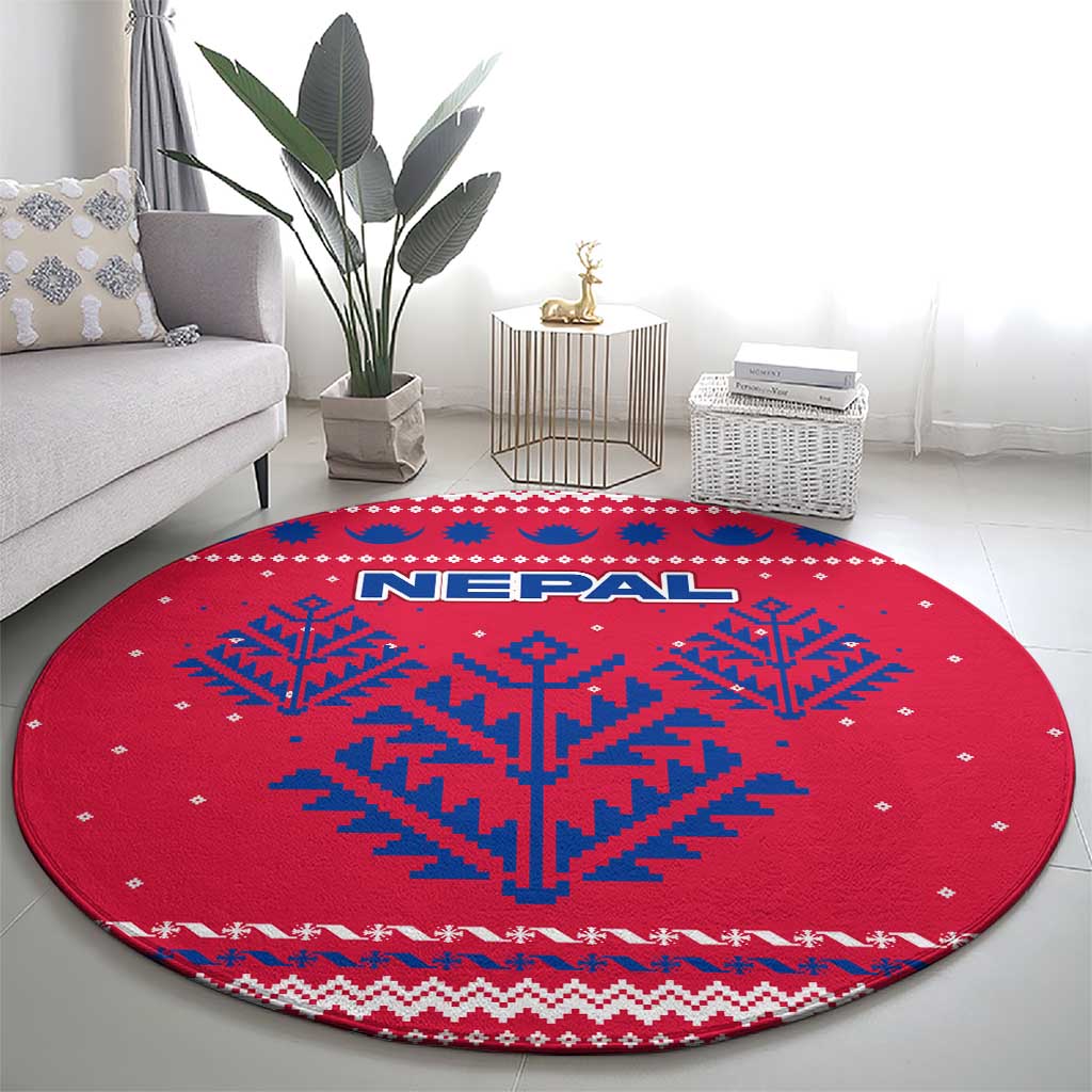 Nepal Christmas Round Carpet with Red-Blue Design, National Emblem, and Snowflake Motif - Wonder Print Shop