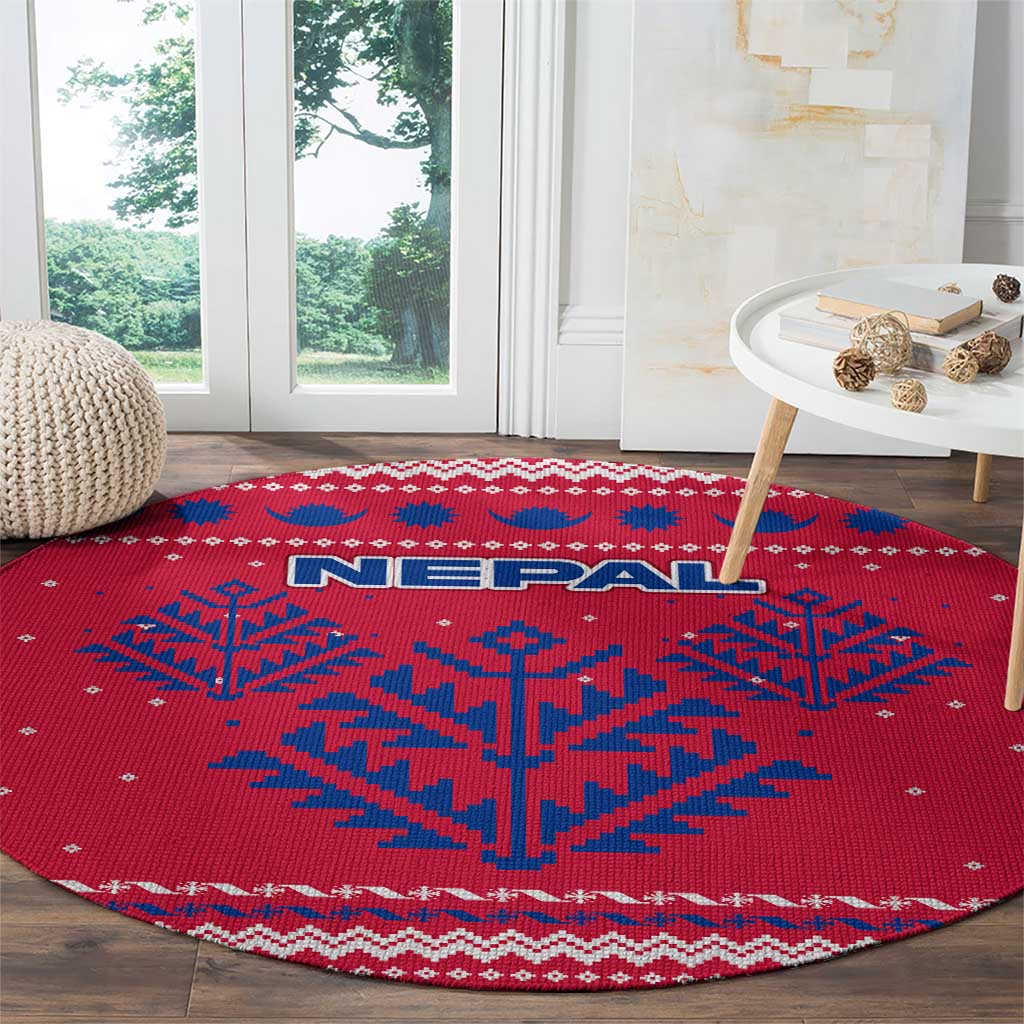 Nepal Christmas Round Carpet with Red-Blue Design, National Emblem, and Snowflake Motif - Wonder Print Shop