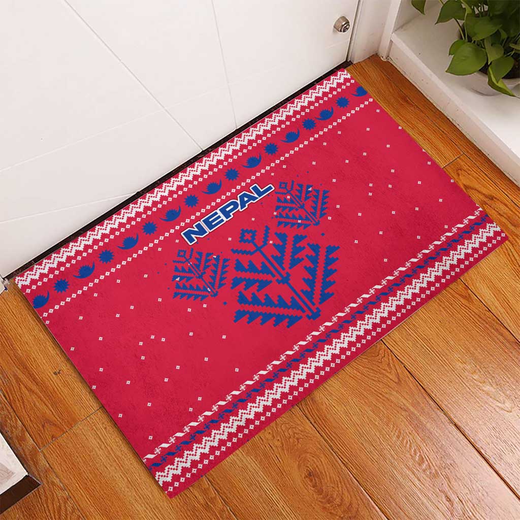 Nepal Christmas Rubber Doormat with Red-Blue Design, National Emblem, and Snowflake Motif - Wonder Print Shop