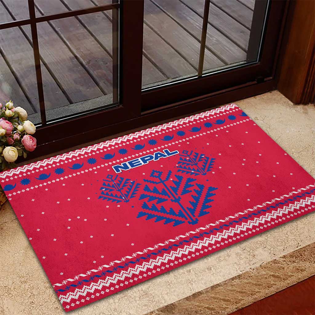 Nepal Christmas Rubber Doormat with Red-Blue Design, National Emblem, and Snowflake Motif - Wonder Print Shop