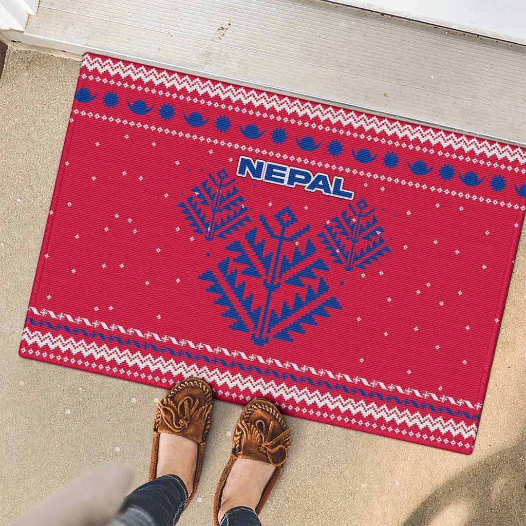 Nepal Christmas Rubber Doormat with Red-Blue Design, National Emblem, and Snowflake Motif - Wonder Print Shop