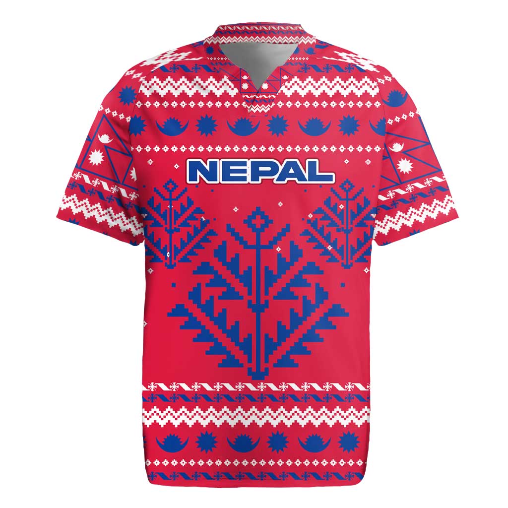 Nepal Christmas Rugby Jersey with Red-Blue Design, National Emblem, and Snowflake Motif - Wonder Print Shop