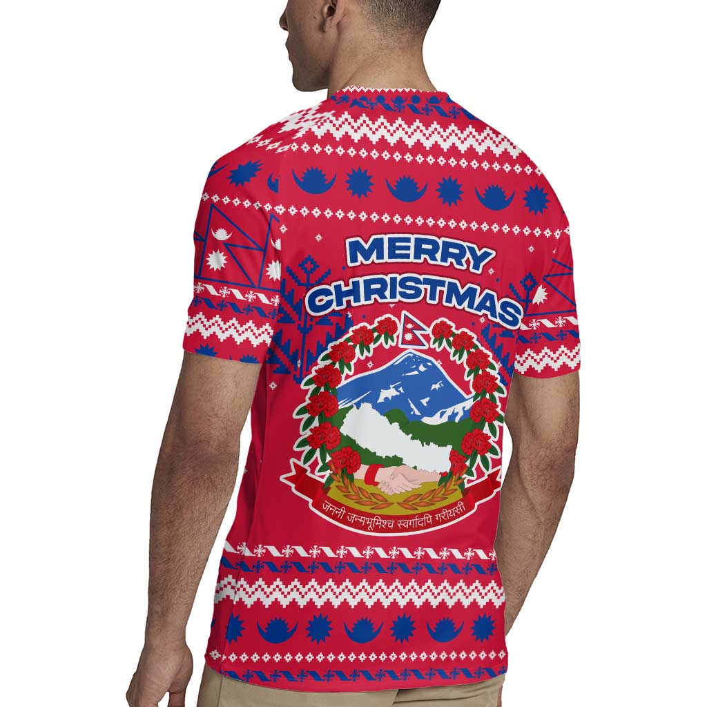 Nepal Christmas Rugby Jersey with Red-Blue Design, National Emblem, and Snowflake Motif - Wonder Print Shop