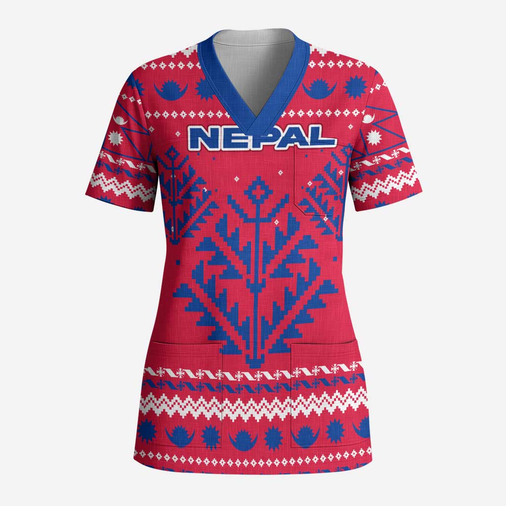 Nepal Christmas Scrub Top with Red-Blue Design, National Emblem, and Snowflake Motif - Wonder Print Shop