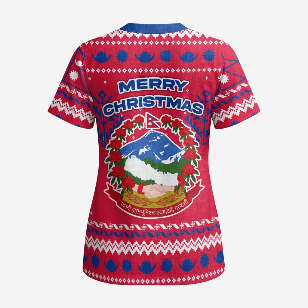 Nepal Christmas Scrub Top with Red-Blue Design, National Emblem, and Snowflake Motif - Wonder Print Shop