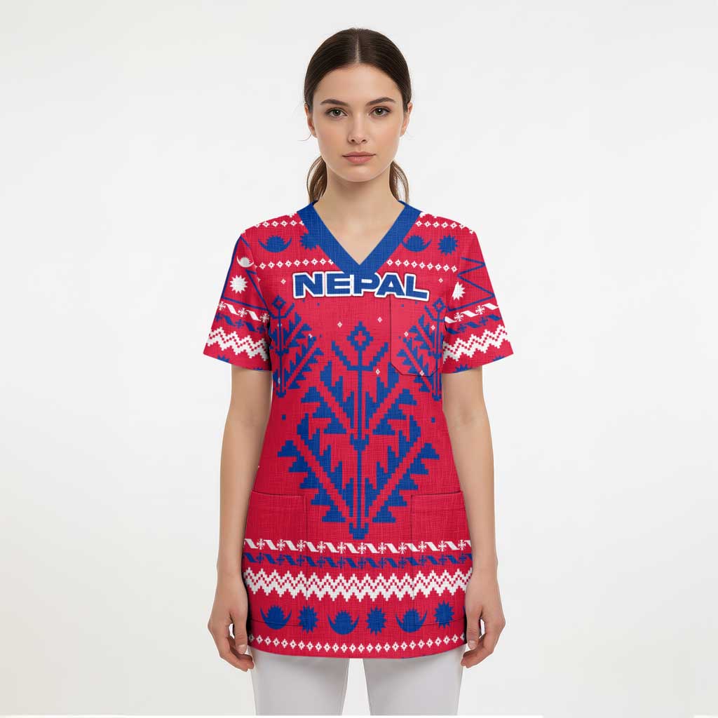 Nepal Christmas Scrub Top with Red-Blue Design, National Emblem, and Snowflake Motif - Wonder Print Shop