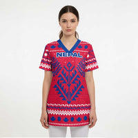 Nepal Christmas Scrub Top with Red-Blue Design, National Emblem, and Snowflake Motif - Wonder Print Shop