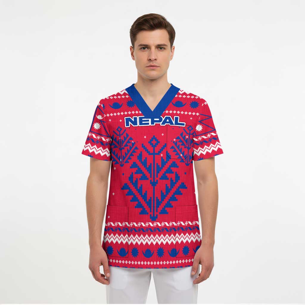 Nepal Christmas Scrub Top with Red-Blue Design, National Emblem, and Snowflake Motif - Wonder Print Shop