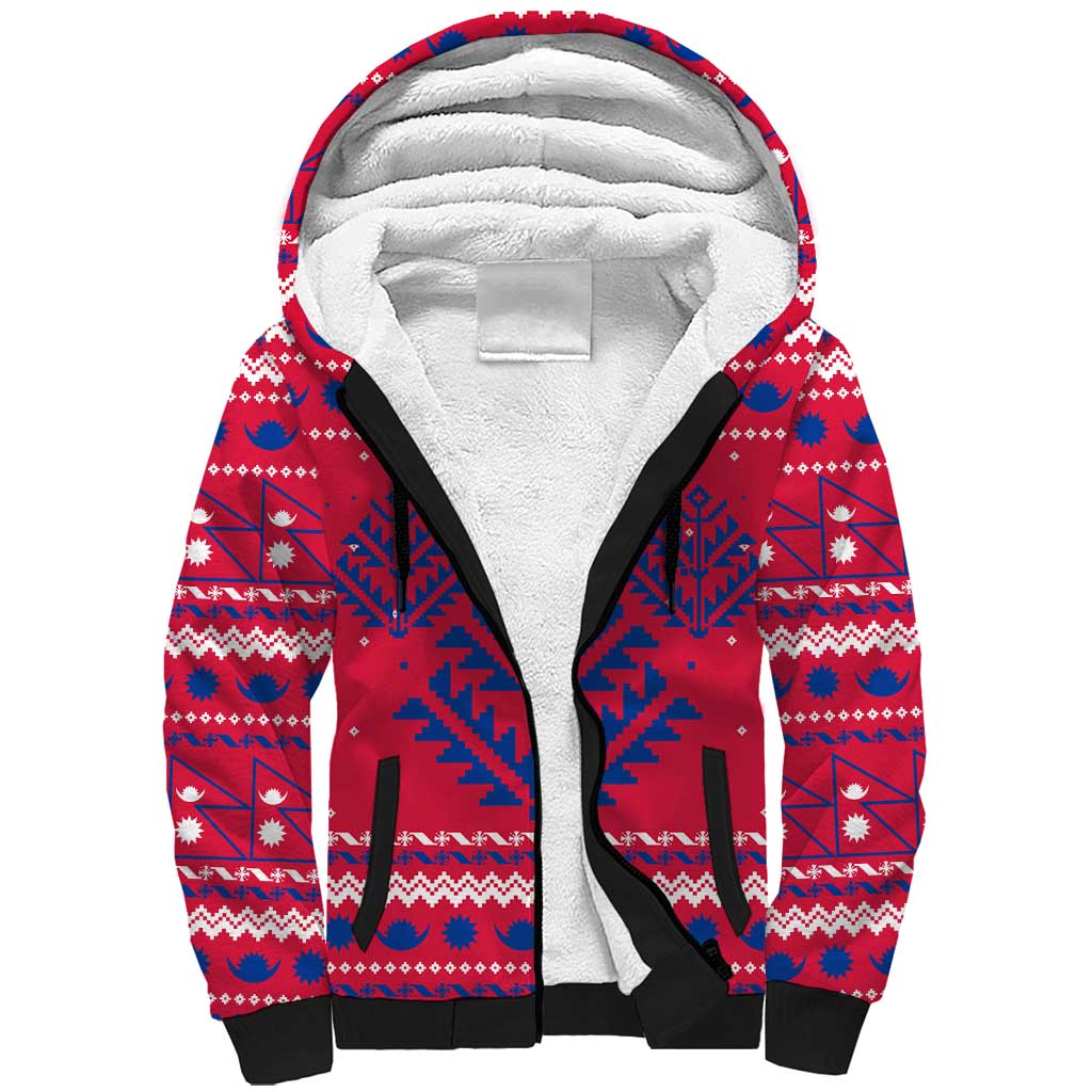 Nepal Christmas Sherpa Hoodie with Red-Blue Design, National Emblem, and Snowflake Motif - Wonder Print Shop