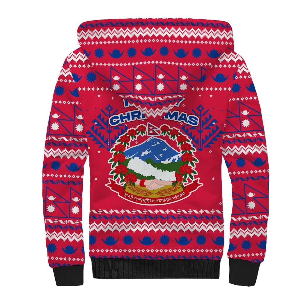 Nepal Christmas Sherpa Hoodie with Red-Blue Design, National Emblem, and Snowflake Motif - Wonder Print Shop