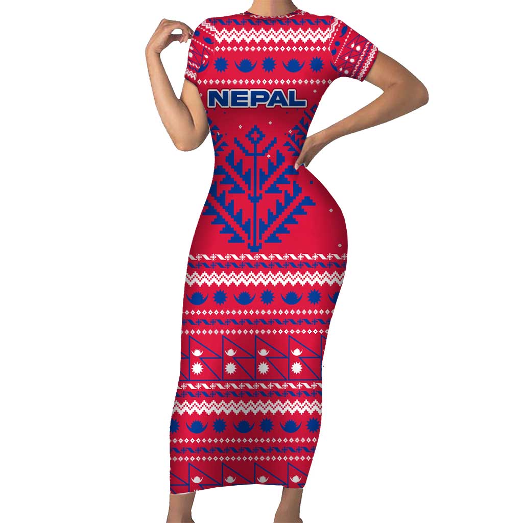 Nepal Christmas Short Sleeve Bodycon Dress with Red-Blue Design, National Emblem, and Snowflake Motif - Wonder Print Shop