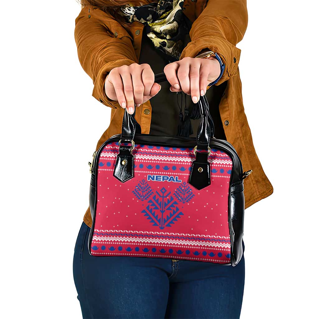 Nepal Christmas Shoulder Handbag with Red-Blue Design, National Emblem, and Snowflake Motif - Wonder Print Shop