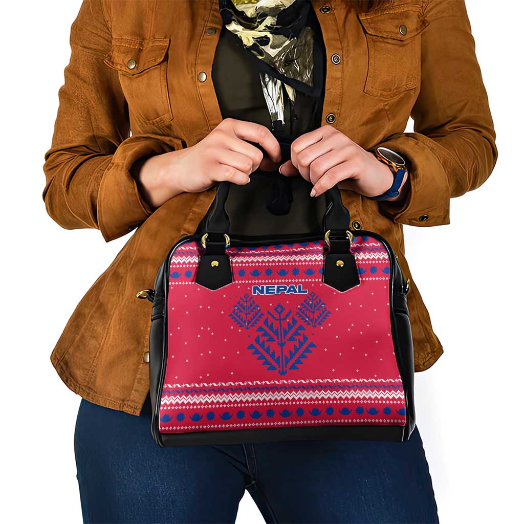 Nepal Christmas Shoulder Handbag with Red-Blue Design, National Emblem, and Snowflake Motif - Wonder Print Shop