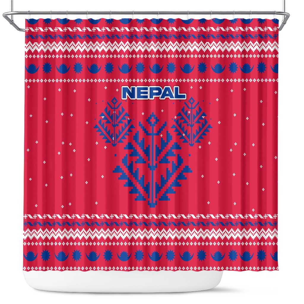 Nepal Christmas Shower Curtain with Red-Blue Design, National Emblem, and Snowflake Motif - Wonder Print Shop