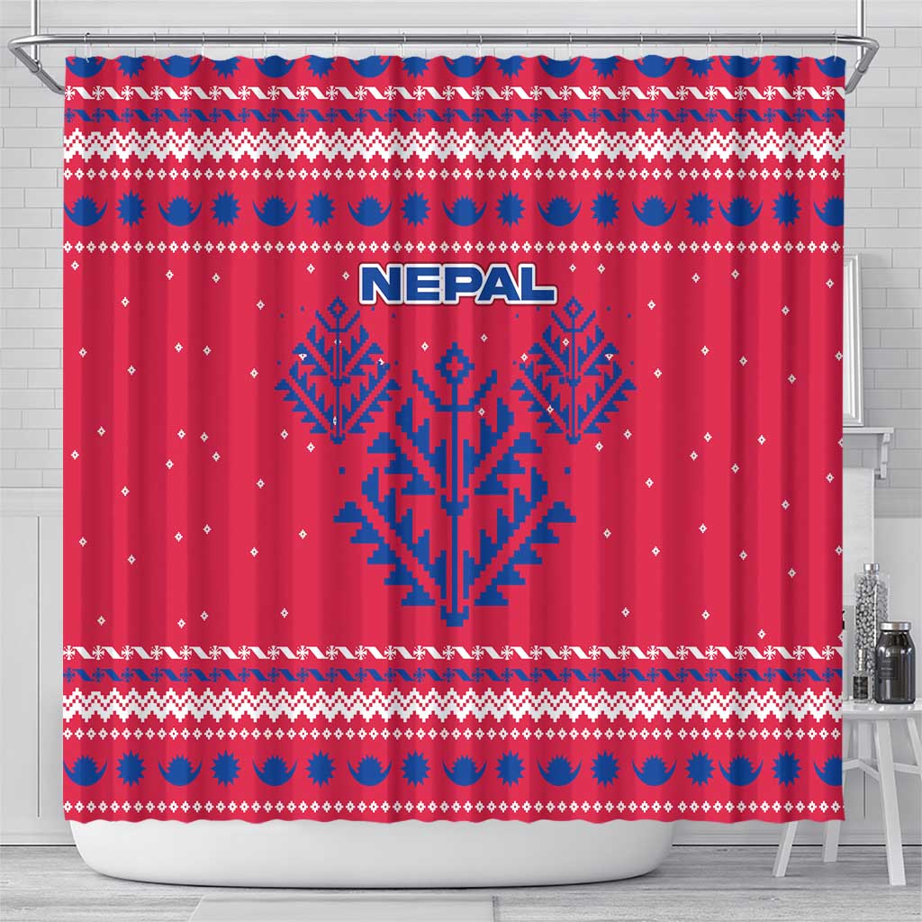 Nepal Christmas Shower Curtain with Red-Blue Design, National Emblem, and Snowflake Motif - Wonder Print Shop