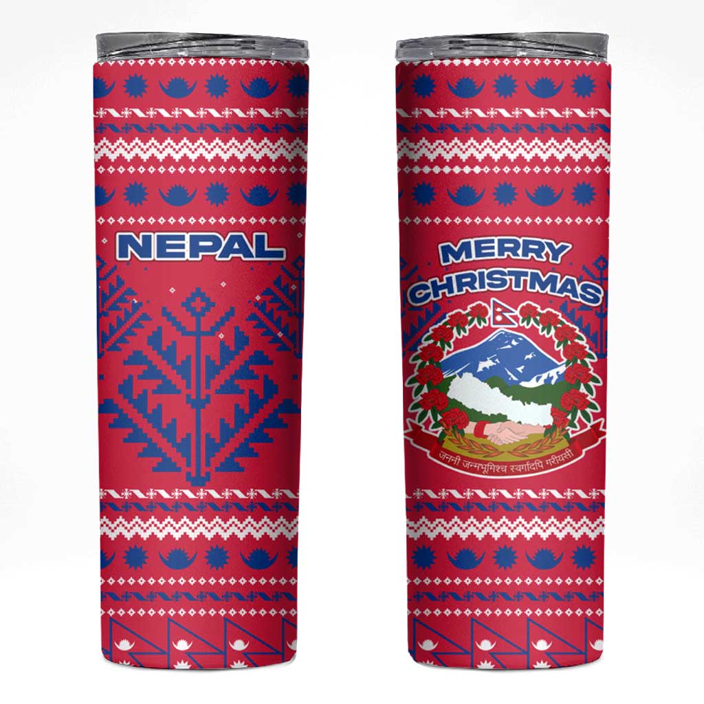 Nepal Christmas Skinny Tumbler with Red-Blue Design, National Emblem, and Snowflake Motif - Wonder Print Shop
