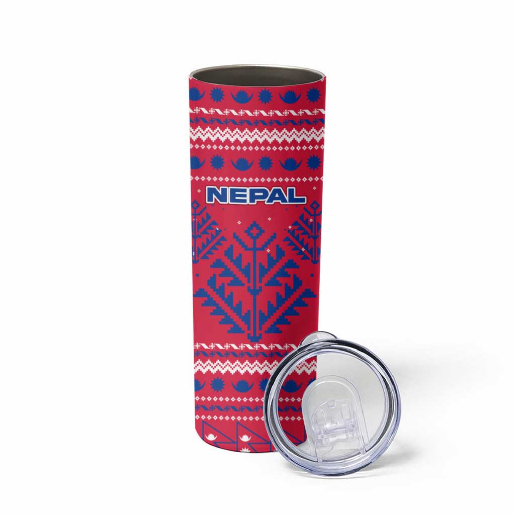 Nepal Christmas Skinny Tumbler with Red-Blue Design, National Emblem, and Snowflake Motif - Wonder Print Shop