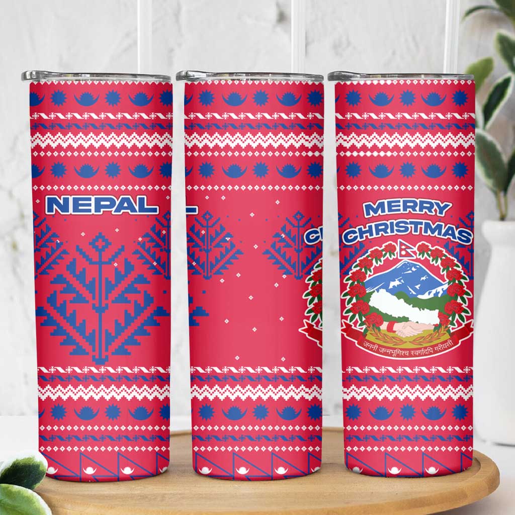 Nepal Christmas Skinny Tumbler with Red-Blue Design, National Emblem, and Snowflake Motif - Wonder Print Shop
