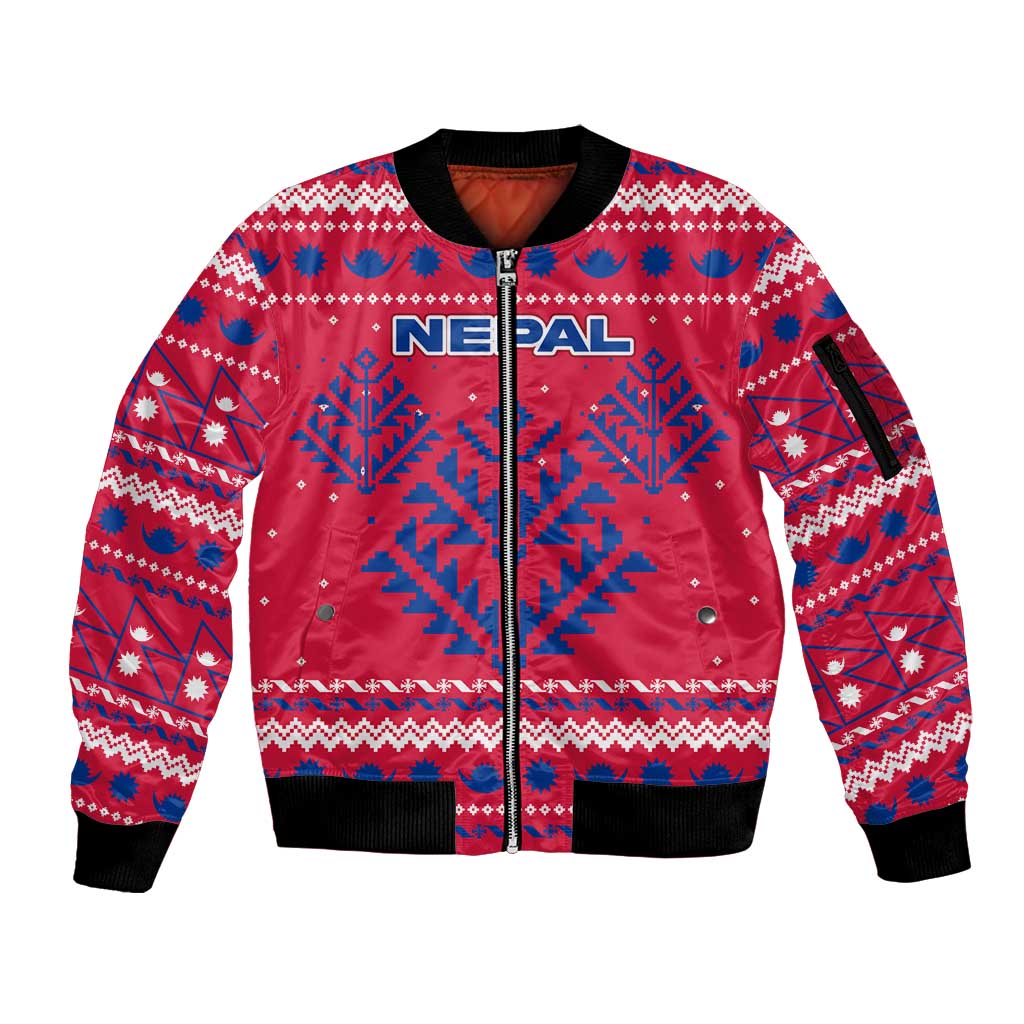 Nepal Christmas Sleeve Zip Bomber Jacket with Red-Blue Design, National Emblem, and Snowflake Motif - Wonder Print Shop