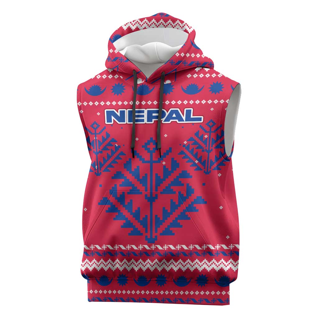 Nepal Christmas Sleeveless Hoodie with Red-Blue Design, National Emblem, and Snowflake Motif - Wonder Print Shop