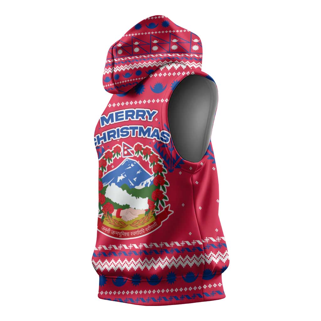 Nepal Christmas Sleeveless Hoodie with Red-Blue Design, National Emblem, and Snowflake Motif - Wonder Print Shop