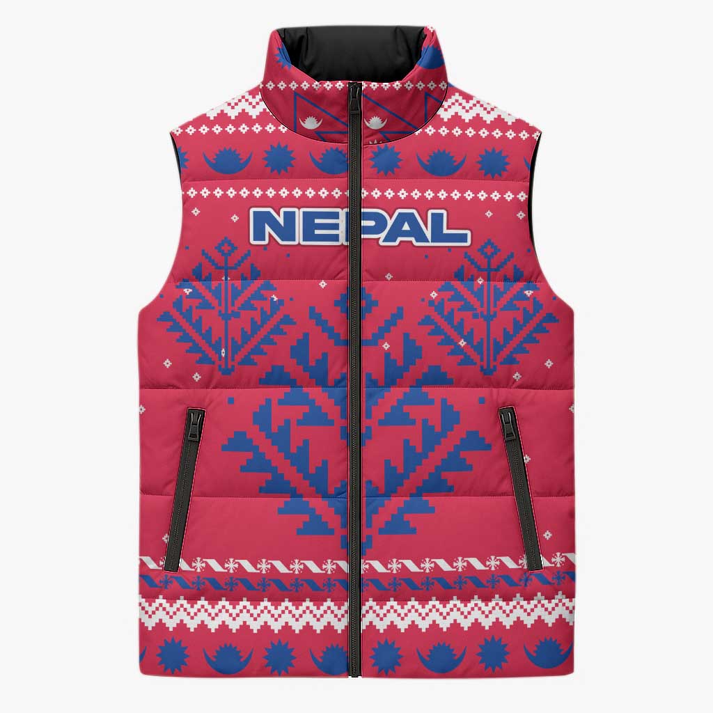 Nepal Christmas Sleeveless Puffer Jacket with Red-Blue Design, National Emblem, and Snowflake Motif - Wonder Print Shop