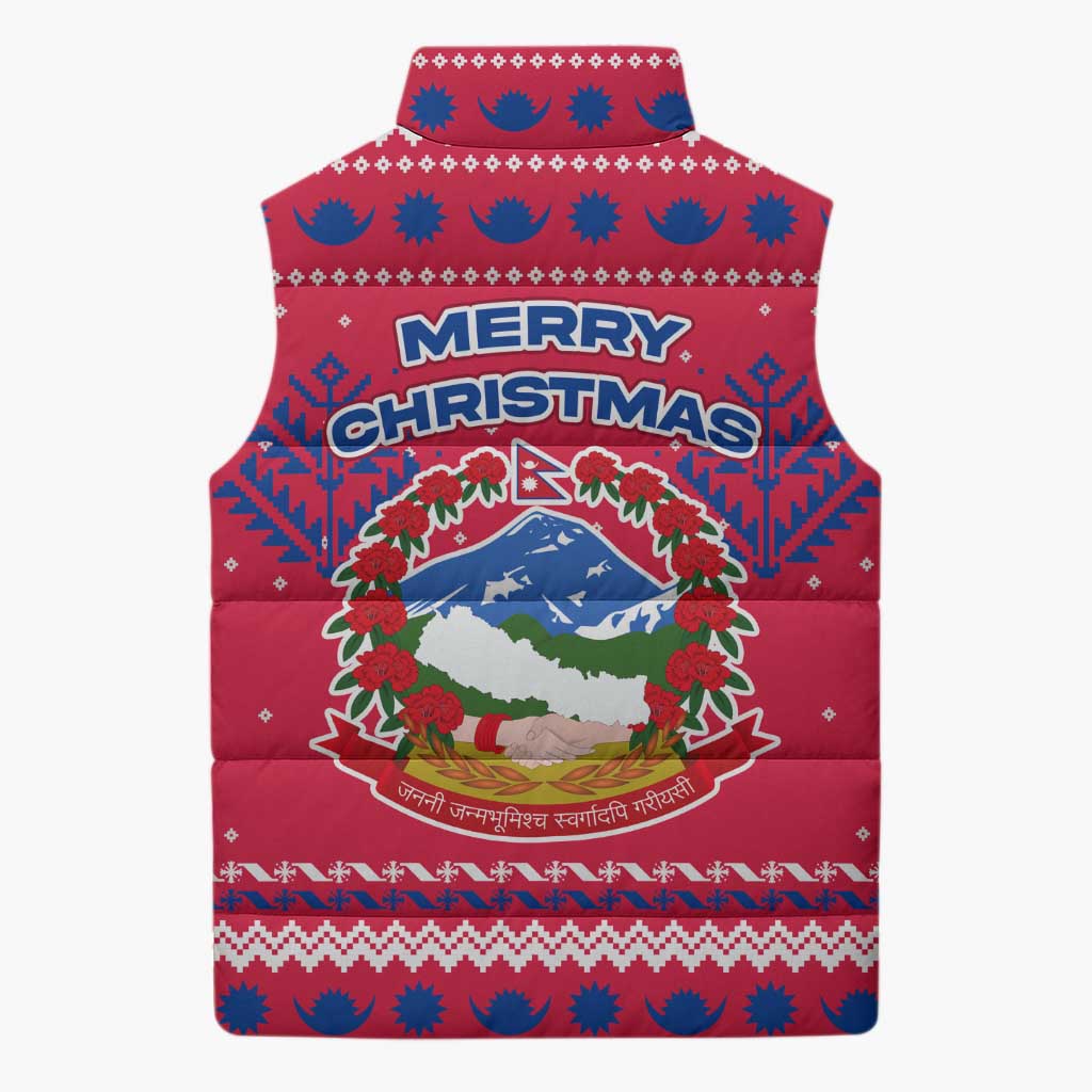 Nepal Christmas Sleeveless Puffer Jacket with Red-Blue Design, National Emblem, and Snowflake Motif - Wonder Print Shop