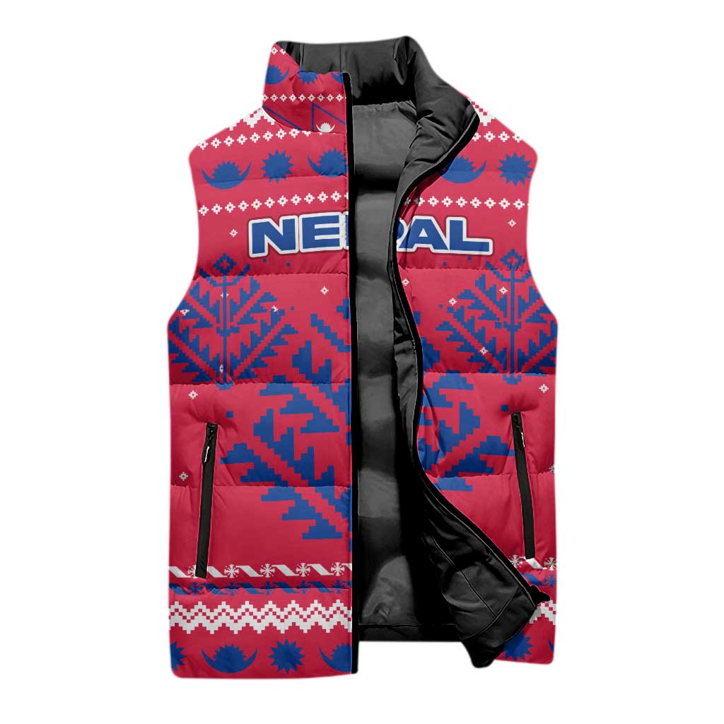Nepal Christmas Sleeveless Puffer Jacket with Red-Blue Design, National Emblem, and Snowflake Motif - Wonder Print Shop